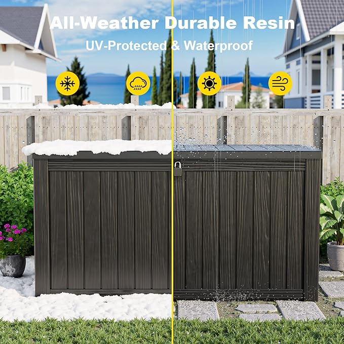 ROJIK 150 Gallon Outdoor Storage Box Waterproof-Patio Furniture Resin Deck Box, Garden Tools, Cushions, Pool Accessories Storage Bench with Lockable Lid and Side Handles (Black, 150 Gal)