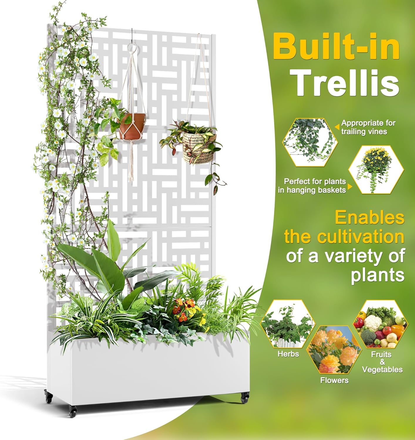 FENCY Metal Raised Garden Bed with Wheels and Trellis,73"x35"x16" Planter Box for Climbing Plants, Vegetables & Vines, Features Privacy Screen and Drainage Holes (White-Geometric Lattice)