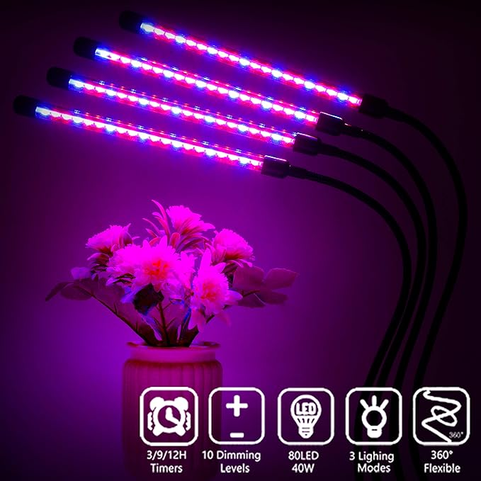 Plant Grow Light Indoor,4 Head LED Growing Lamp for Indoor Plants, 80W Full Spectrum Plant Lights with Auto ON/Off Timer, 10 Dimmable Brightness,360° Flexible Gooseneck, 3 Switch Modes