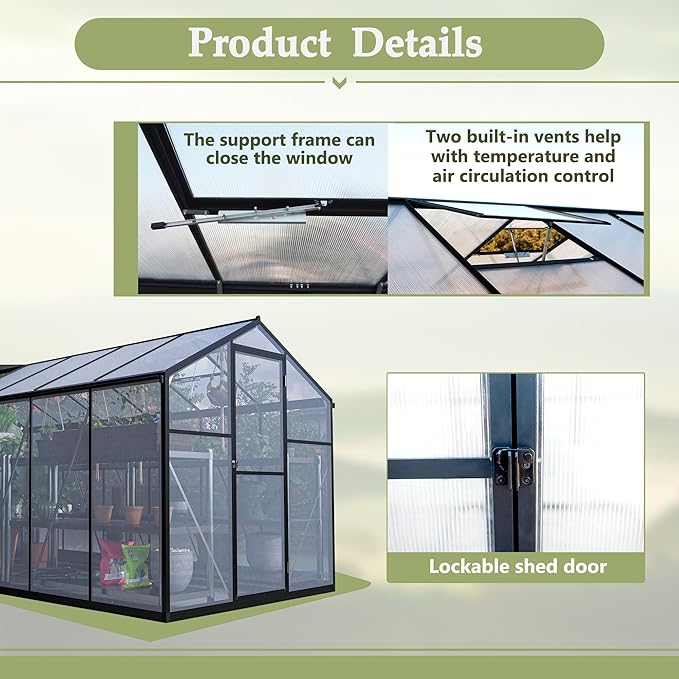 6x12 FT Greenhouses for Outdoors,Heavy Duty Polycarbonate Greenhouse,Lockable Walk-in Green House Sunroom w/ Roof Vent,Aluminum Hot House for Garden Plants Backyard Patio,Black