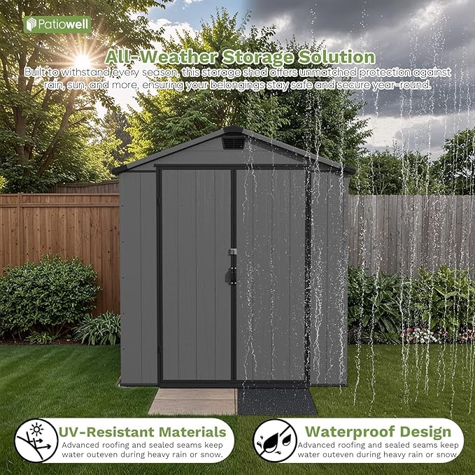 Patiowell 6 x 8 FT Plastic Outdoor Storage Shed with Floor - Weatherproof Resin Tool Shed, Lockable Door & 2 Windows, Easy Assembly for Garden, Backyard, Lawn Equipment (Dark Grey)