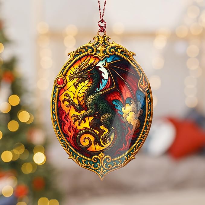 Fire Dragon Ornament – dragon ornament – fantasy gifts – mythical decor – christmas ornament – Suncatcher effect window hanging – Car Hanging