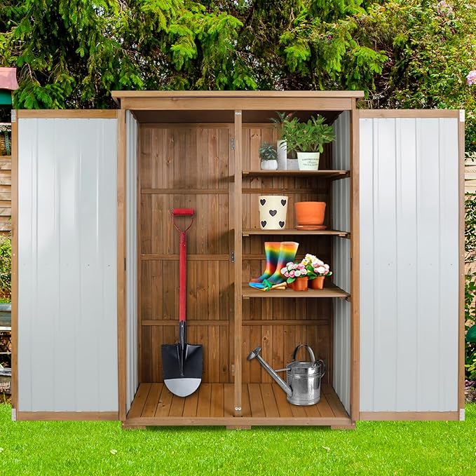 Outdoor Storage Cabinet, Wood & Metal Storage Shed with Weather-Resistant Roof, Double Lockable Doors, Removable Shelves & Adjustable Feet, for Patio, Backyard, Poolside, 46" x 18" x 68"
