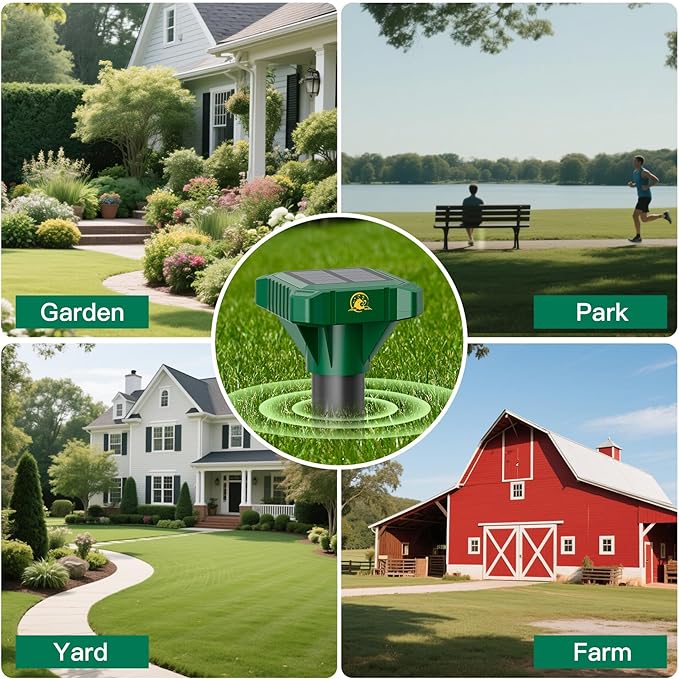 4 Pack Mole Repellent Solar Powered, IP65 Waterproof Gopher Chipmunk Repeller Outdoor, Groundhog Snake Repellent for Yard, Sonic Mole and Vole Deterrent Spikes, Effective Lawn and Garden Protection