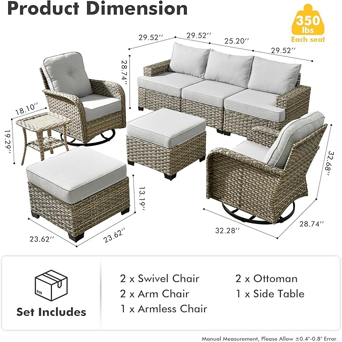 HOOOWOOO Outdoor Sectional Patio Furniture Set,8 Pieces Wicker Conversation Sets,Extra Deep Out Door Sofa Outside Furniture Couch with Swivel Chairs Ottoman,Light Gray