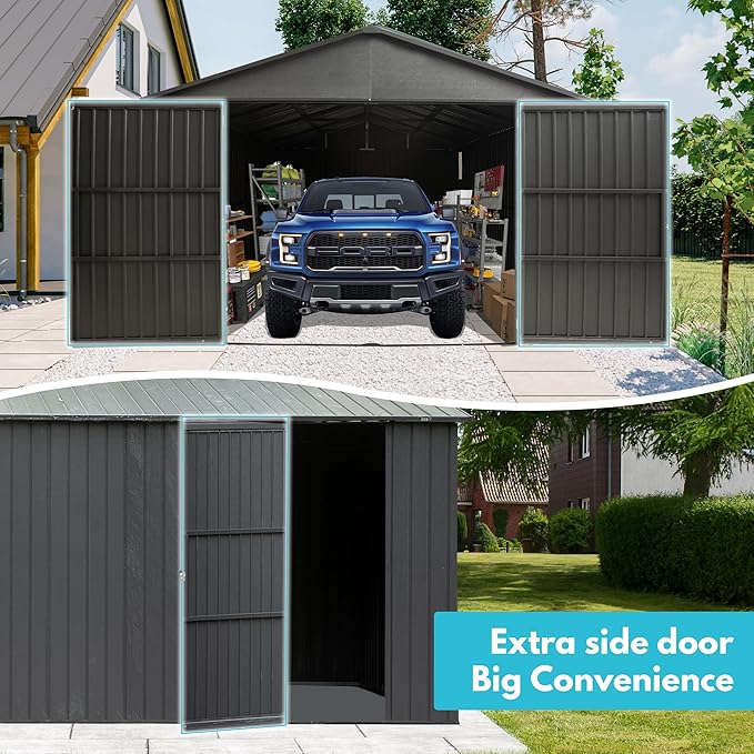 Domi 12'x25' Metal Garage Shed, Heavy Duty Outdoor Steel Carport with Lockable Double, Side Doors, 80MPH Wind and Snow Resistant Enclosed Storage for Cars, Trucks, Motorcycles, Tools, Dark Grey
