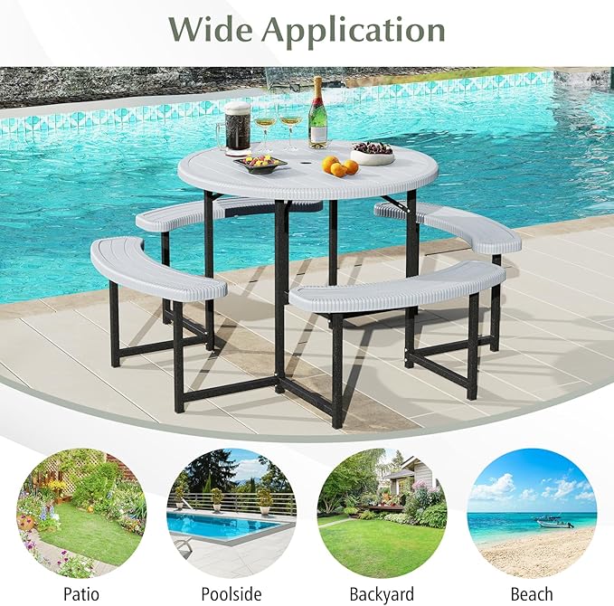 Giantex Picnic Table Bench Set for 4-8 Person, Round 37” Outdoor Dining Table w/Umbrella Hole, HDPE Tabletop, Metal Frame, Patio Furniture Set for Backyard Porch Lawn, 1400lb Capacity (White,Round)