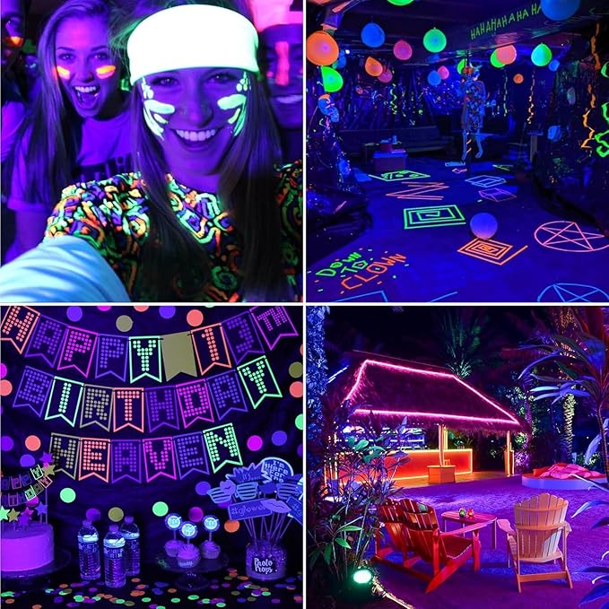 4 Pack 300W Black Lights, Blacklight Flood Light with Plug and Switch,for Glow Party, Black Light Party, Halloween, Body Paint, Neon Glow, Stage Lighting, Fluorescent Poster