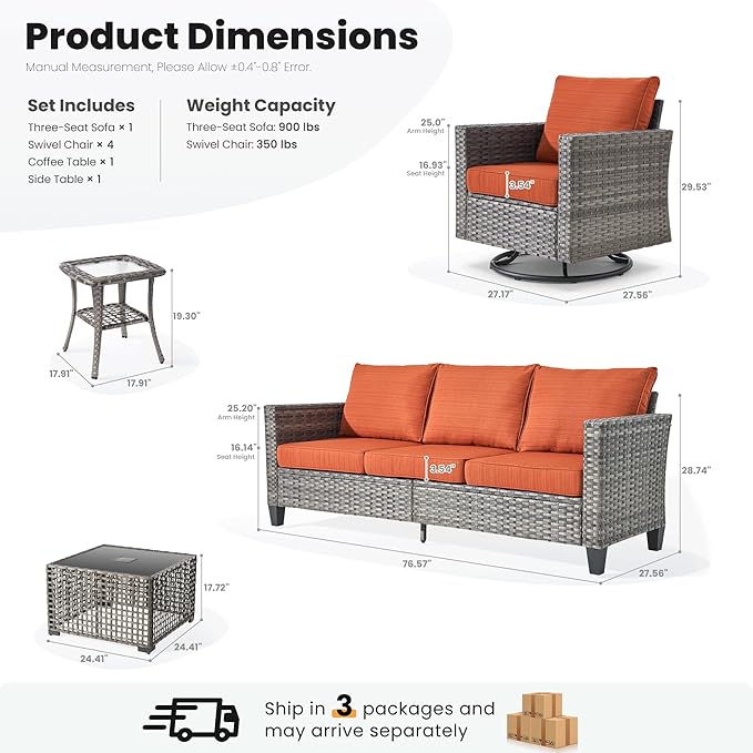 ovios 8 Pieces Patio Furniture Set with Swivel Chairs Rocking Gliders, Outdoor Sofa Couch with Solar Lights Table Comfy Cushions, Modern Deep Seat Wicker Rattan Conversation Set, Orange Red