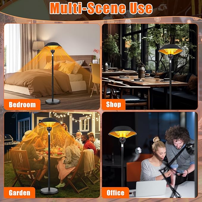 Patio Electric Outdoor Heater Stainless Steel 1500W Standing Infrared Heaters with Dust Cover for Indoor/Outdoor Use, 3 Heat Settings, Fast Heating, Height Adjustable, Tip-Over Protection