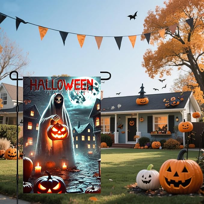 IVN Spooky Halloween Ghost Garden Flag 12x18 Inch Double Sided Frightful Character Outdoor Yard Decor Patio Accent with Pumpkin Lantern Design for Festive Lawn Ornament and Home Decor