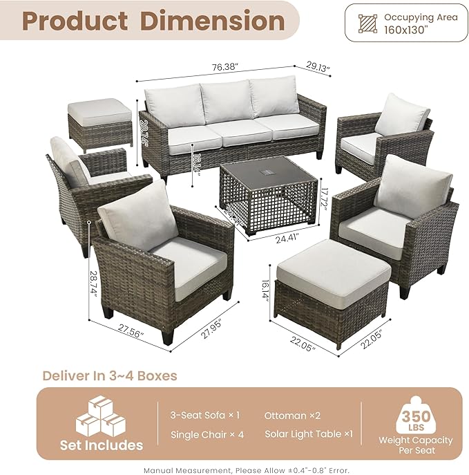 HOOOWOOO Outdoor Patio Furniture Set,8 Pieces Wicker Conversation Set,All Weather Couch Set with Solar Light Table Ottoman Chairs 9 Seaters for Out Door Yard(Light Gray)
