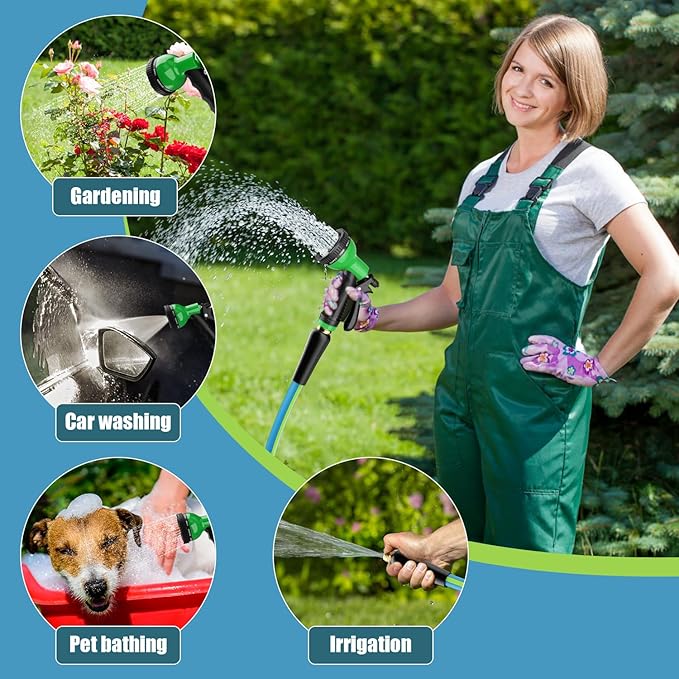 Heavy Duty Garden Hose 5/8" 50FT: Flexible Rubber Water Hose with 10 Function Sprayer - Leakproof Hose Male to Female Fittings - Durable Hose for Yard, Lawn, Car Wash, Outdoor, Watering, Green