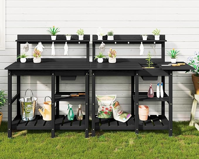 SERWALL Potting Bench Outdoor Potting Table with Sink, HDPE Potting Benches for Outside Gardening Table All Weather Use- Black