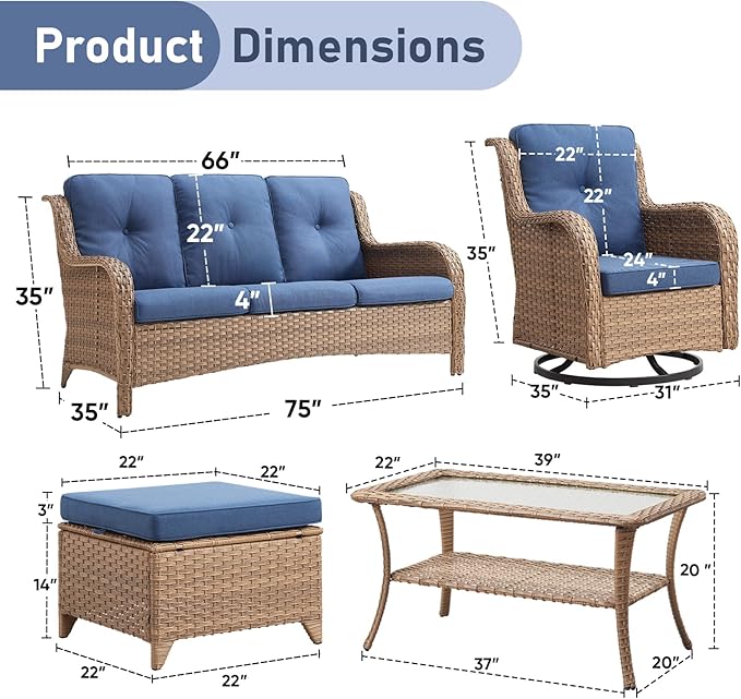 Wicker Outdoor Conversation Set-6 Pieces Outdoor Wicker High Back Couch with Swivel Rocker Chairs Patio Furniture for Deck Poolside Backyard-Yellow/Blue
