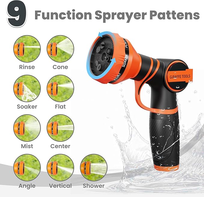 Girafe Tools Garden Hose 75ft x 5/8", 304 Stainless Steel Metal Water Hose, No Kink Garden Water Hose with 9 Pattern Spray Nozzle, Flexible, Lightweight, Kink Free Hose for Yard, Outdoor