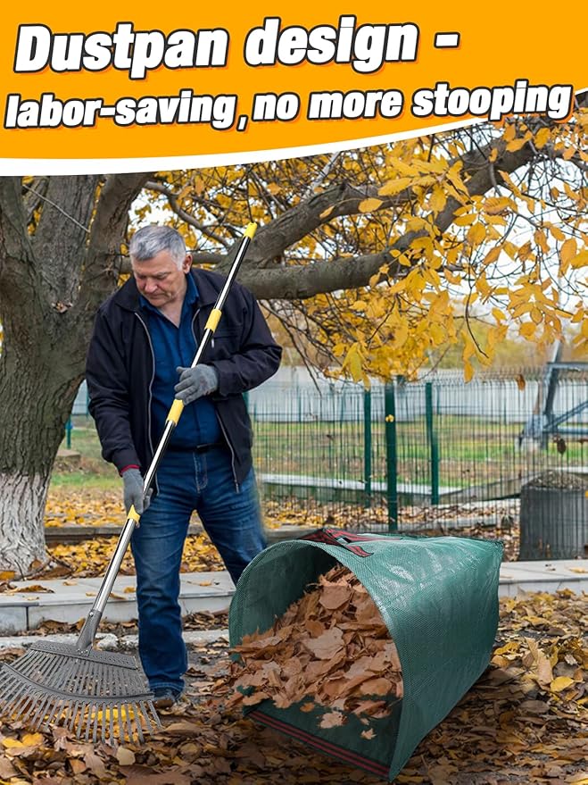 42" to 75" Adjustable Heavy-Duty Metal Leaf Rake with 25 Tines, Includes 40 Gal Reusable Dustpan-Type Lawn Bag