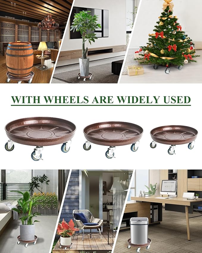 Metal Heavy Duty Plant Caddy Round Flower Pot Mover, 3 Pack Mixed of 14", 16" and 20" Rolling Plant Stand with Wheels, Indoor Outdoor Plant Dolly with Casters Planter Tray, Bronze