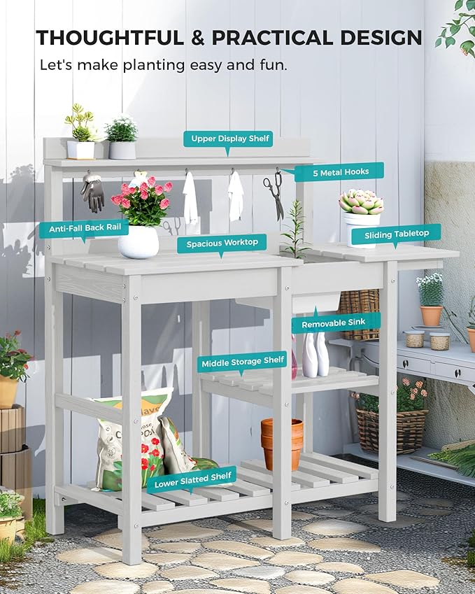 SERWALL Potting Bench Set of 2 Outdoor Potting Table with Sink, HDPE Potting Benches for Outside Gardening Table All Weather Use- Spanish Gray