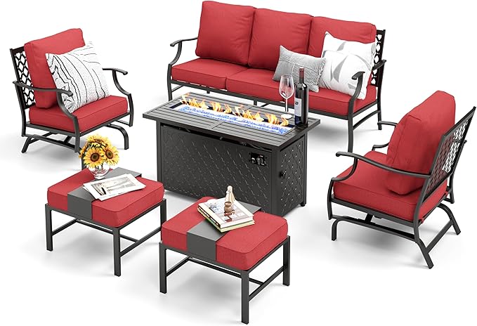 Patio Furniture Set, 6 Pcs Metal Outdoor Conversation Set, 2 Rocker Chairs, 2 Ottomans and 3 Seater Sofa with 5.75" Extra Thick Cushion and Gas Fire Pit Table, Red