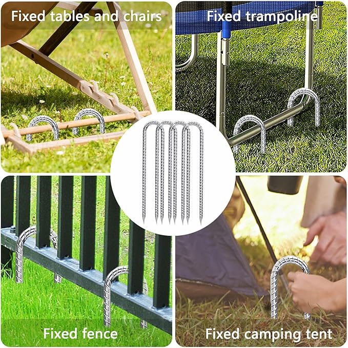 Rebar-Stakes-12-Inch-Galvanized, U Hook Trampoline Stakes 20 Pack Ground Anchors Tent Stakes Heavy Duty for Plants Anti-Rust Landscape Fabric Stakes Artificial Turf