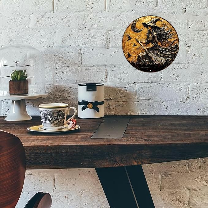 PEACHGARDEN Round 2D Halloween Witch Broom Vintage Sign Halloween Witch Metal Tin Sign for Home Bar Kitchen Hotel Dining Room Coffee 8x8inch