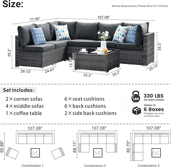 HOOOWOOO 7 Piece Patio Sectional Furniture Set,Modern Wicker Outdoor Conversation Sofa Sets,Weather Resistant Modular L Shaped Outside Couch Table Set(Black)