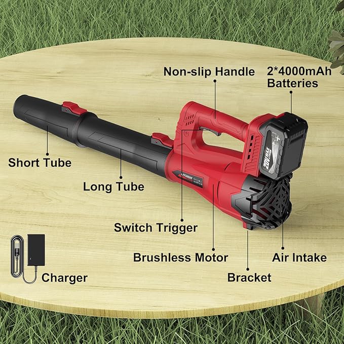 Leaf Blower Cordless with 2 x 4.0Ah Battery and Charger, 160MPH/580CFM High Power Lightweight Handheld Electric Leaf Blowers with 2 Extended Tubes for Lawn,Yard Garden, Leaves, Dust, Snow Care (Red)