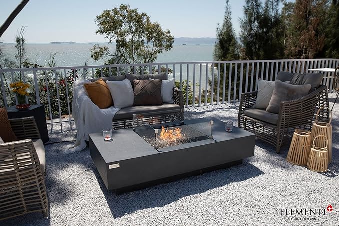 Elementi+ | Cannes Gas Fire Pit Cast Concrete 60" Rectangular Fire Table, Outdoor Fire Pit Electronic Ignition | Canvas Cover, Fire Glass and Burner Lid Included | Dark Gray | Natural Gas