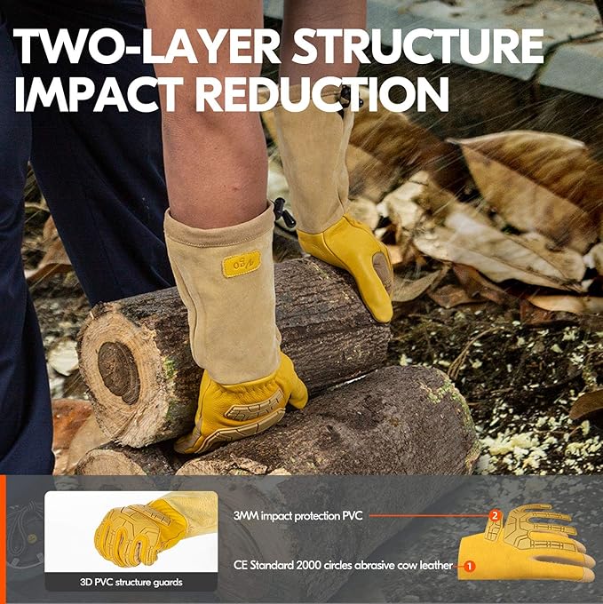 Vgo... Safety Work Gloves Men,Extra-long Cuff Thornproof,Premium Cow Grain Leather,Anti-abrasion, Anti-Impact,Gardening(1 Pair,Size M, Gold, CA9659)