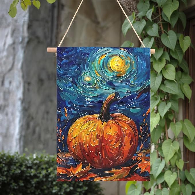 Fall Garden Flag Pumpkin Maple Leaf Yard Flags Van Gogh Wall Banners Art Starry Night Sky Moon Garden Flags Autumn Harvest Thanksgiving House Banner for Patio Farmhouse Outdoor 28 x 40 Inch