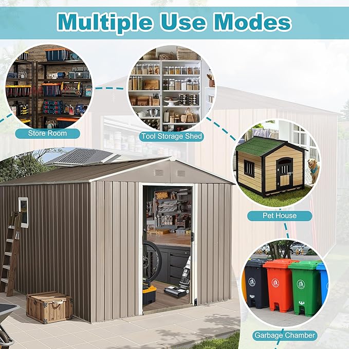 Sheds & Outdoor Storage 8ft x 10ft Metal Storage Shed with Metal Foundation, Window,Gloves, Anchors, Tools Garden Tool Storage Cabinet for Backyard, Patio, Poolside, Gray