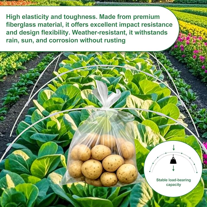 60 Pcs Garden Hoops for Raised Beds, 12 Sets Rust-Free Fiberglass Greenhouse Hoops - Grow Tunnel Kit for Plant Support, Row Covers, Netting, and Low Tunnel Hoops, Perfect for DIY Garden Projects