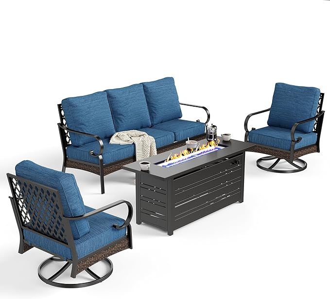 4 Piece Black Metal Outdoor Patio Furniture Sets with Firepit Table, Patio Conversation Sets 1 3-Seater Sofa, 2 Swivel Sofa with 5.75" Thick Cushion Backyard Furniture for Deck, Blue-2