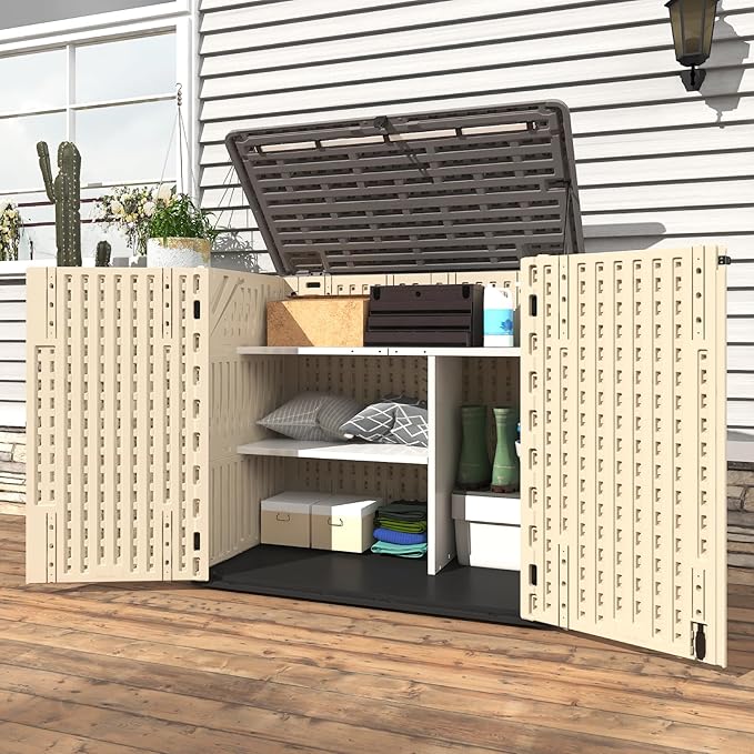 30 Cu.Ft Outdoor Storage Shed, Multi-Purpose Weather-Resistant Utility Shed for Garbage Cans, Lawn Mower, Garden Tools, Waterproof Resin Horizontal Cabinet with Pad-Lockable Doors (Khaki)