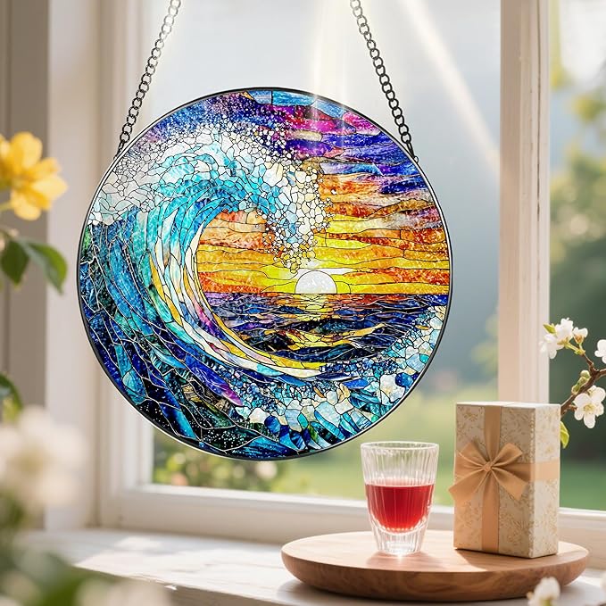 Stained Glass Window Hanging, Pauyadu 8 Inch Sea Waves Stained Glass Suncatcher, Sunset on The Beach Window Decor, Gift for Beach Lovers, Natural Gifts, Christmas, Mother's Day, Housewarming Gifts