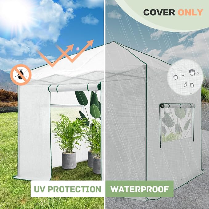 EAGLE PEAK Replacement Cover for 10x10 Portable Walk-in Pop up Greenhouse, Front Roll-Up Zipper Entry Door and 2 Large Roll-Up Side Windows (Frame Not Included), White