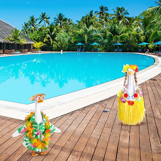 DECOHS 2 Set Hawaiian Porch Goose Outfits, Summer Bikini Lawn Goose Costume, Yard Goose Clothes Grass Skirt Straw Hat with Wreath Glasses Wig for 23" Statue Patio Garden Decoration
