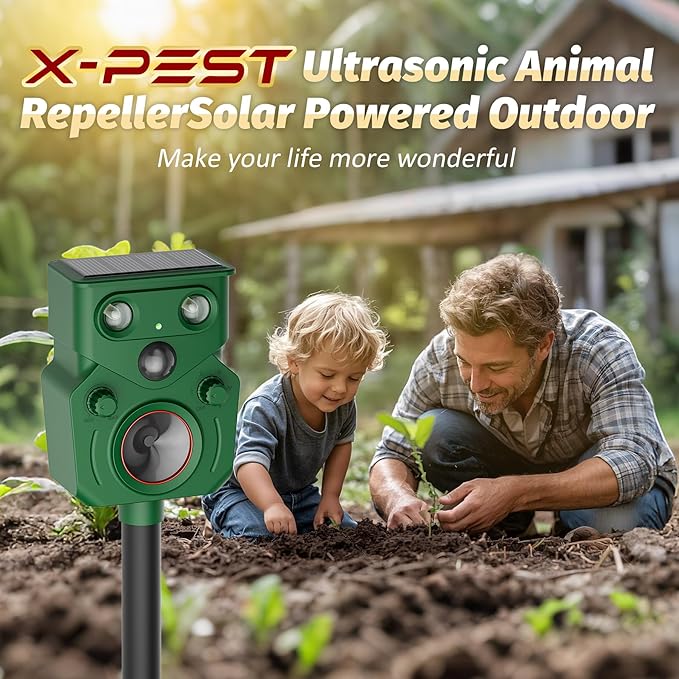 2 Packs Ultrasonic Animal Repeller Solar Powered, Cat Repellent Outdoor with Motion Sensor, Waterproof Deer Deterrent with LED Flash Light, Effective Repels Invasive Animal for Raccoon, Skunk, Dog