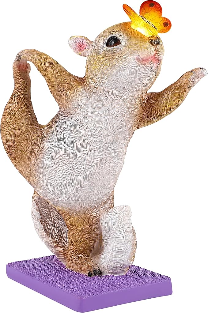 Solar Light Garden Statue Squirrel Figurine, Resin Squirrel Doing Yoga with Lighted Butterfly, Waterproof Spring Outdoor Ornaments for Garden, Front Door, Patio Decor & Gifts for Mother's Day