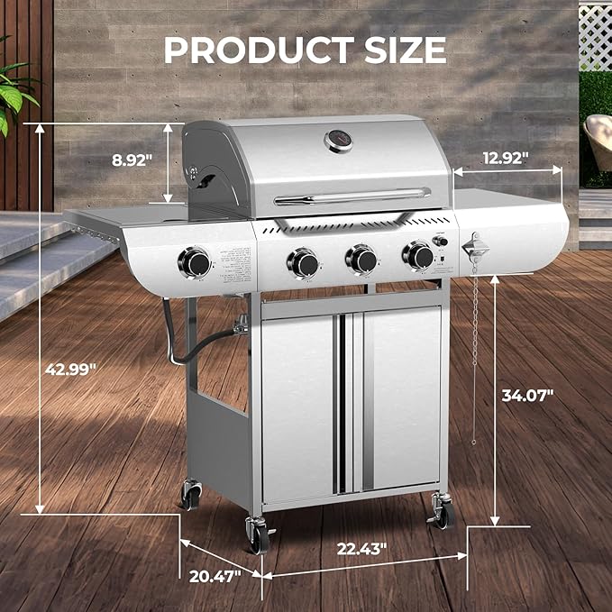 3-Burner Propane Gas Grill with Side Burner – 34,000 BTU Stainless Steel Outdoor BBQ Grill, Cast Iron Grates, Portable with Wheels for Patio, Camping