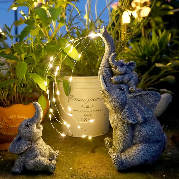 FORUP Garden Elephant Statue, Solar Elephant Statues for Garden Decor, Elephant Figurine with Solar Watering Lights, Elephant Outdoor Sculptures for Outside Porch Patio Balcony Front Yard