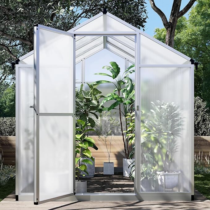 Greenhouse for Outdoors 8 x 6.25 Ft, Polycarbonate Greenhouse with Lock, Roof Windows Vent and Rain Gutter, Aluminum Large Walk-in Green Houses, for Patio Garden Backyard Outside, Silver