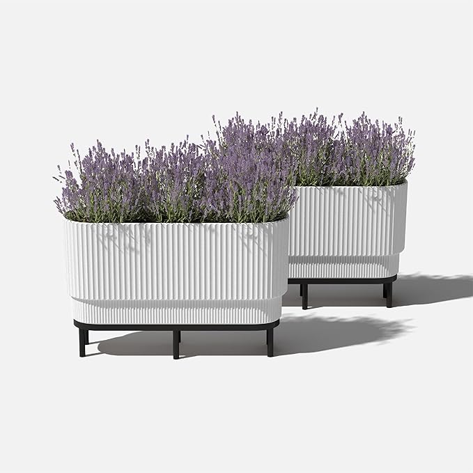 Veradek Demi Series Raised Long Planter for Indoor/Outdoor Use | Made from Plastic & Stone w/Wooden Stand | Modern Patio Décor for Flowers/Shrubs