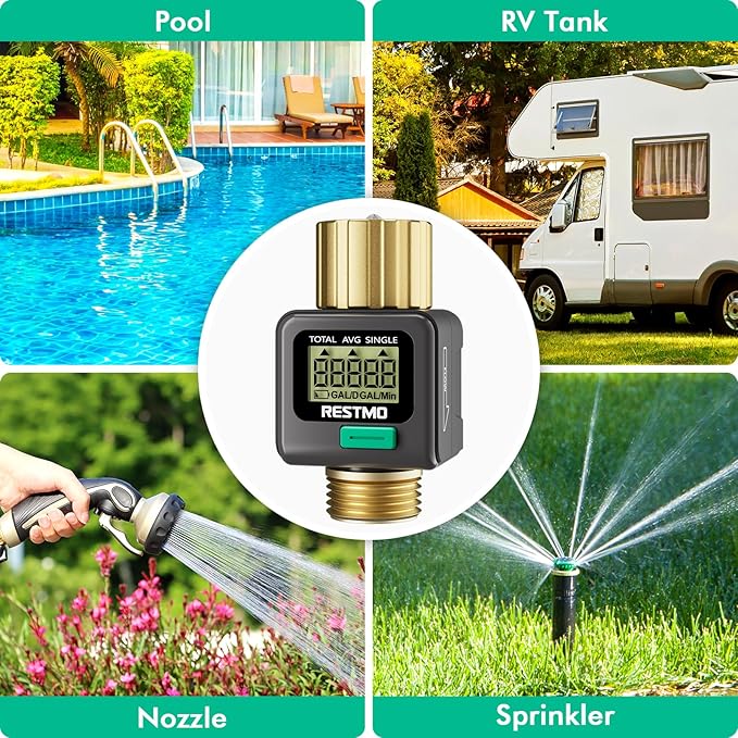 RESTMO Water Flow Meter with Brass Inlet & Outlet, Measure Gallon/Liter Consumption and Flow Rate for Outdoor Garden Hose Watering, RV Water Tank Filling, Lawn Sprinkler and Nozzle Sprayer