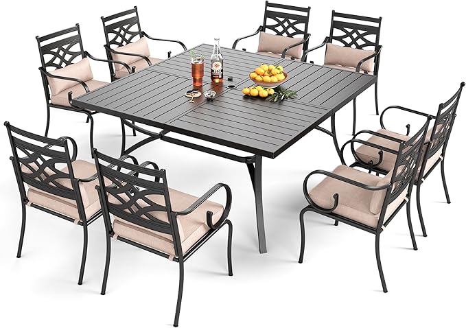 PHI VILLA 9 Pcs Patio Dining Set,Outdoor Table Chair Set for 8 with Outdoor Chairs and Metal Frame Steel Square Table,Outdoor Dining Furniture with Cushion and Pillow for Garden Lawn Deck