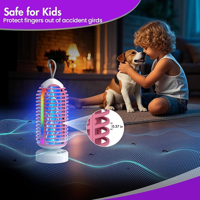 Bug Zapper Outdoor with Colorful Lighting and Auto-Sensing, 3 in 1 Cordless 4000mAh Battery Electric Fly Trap, Rechargeable Mosquito Zapper for Camping, Patios, Garden, Kitchen (2Pack-Pink)