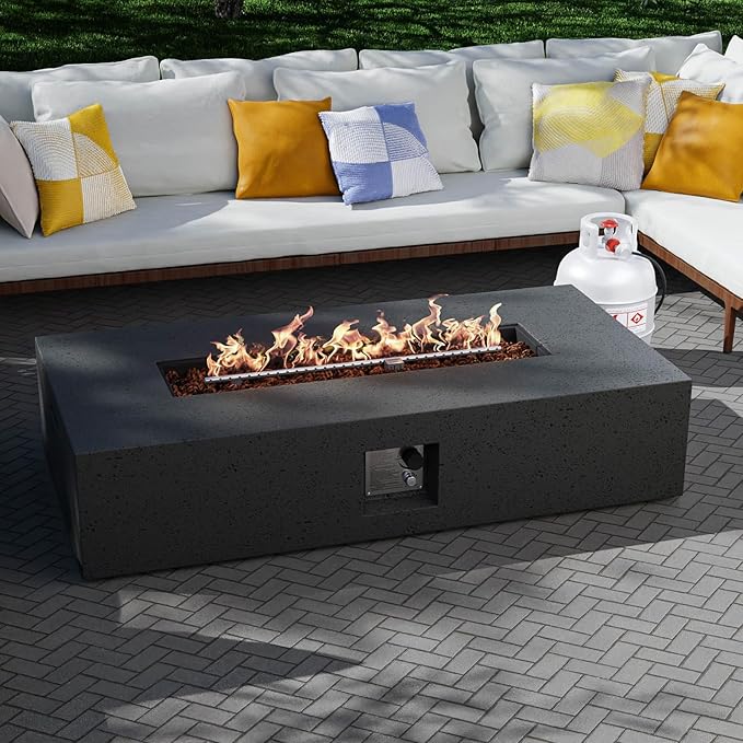 SUNBURY Outdoor Fire Pit, 56" Rectangle Propane Gas Patio Fire Table 50,000 BTU Concrete Travertine Design, CSA Certified, Low Firepit Table with Lava Rocks, Waterproof Cover (Grey)