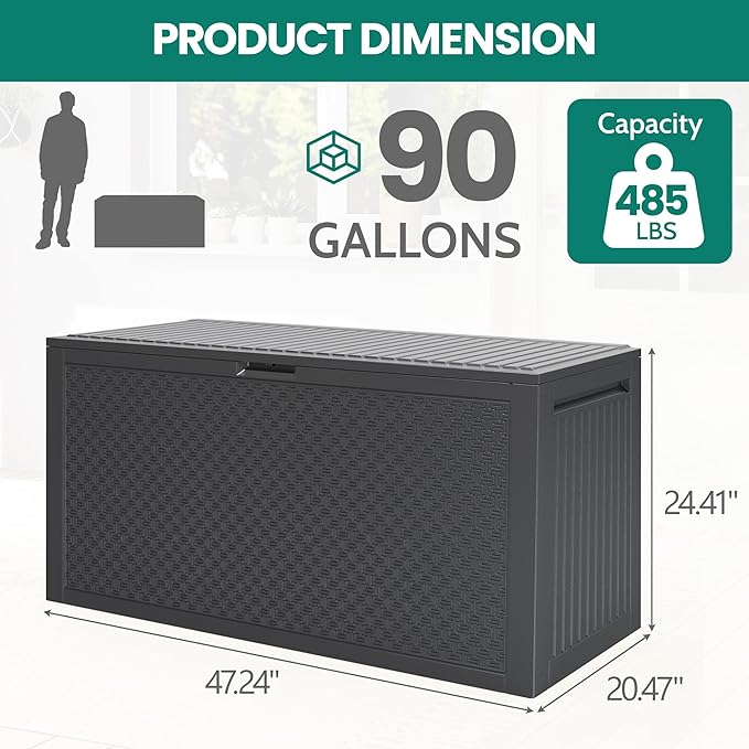90 Gallon Outdoor Deck Box, Waterproof Outdoor Deck Box, Durable Resin Bin for Patio Cushions, Garden Tools and Pool Accessories, Lockable with UV Protection, Dark Gray, Patio Furniture (90 Gal Gray)