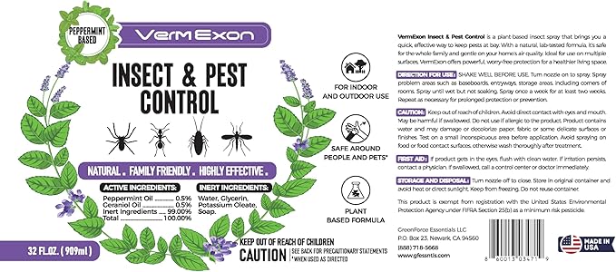 Peppermint Oil Insect & Pest Control Spray – 32oz Natural Plant-Based Bug Killer for Spiders, Ants, Flies, and Other Insects, Safe for Home & Kitchen Use